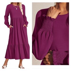 Elegant Plum Long Sleeve Dress with pockets